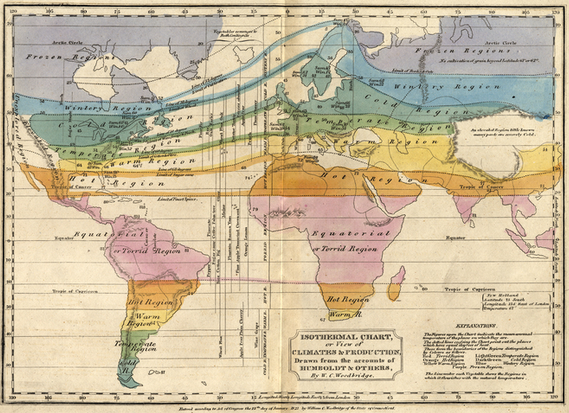 Alexander von Humboldt, karta iz 1823. pokazuje inovacije izotermnih linija, koje povezuju točke iste prosječne temperature