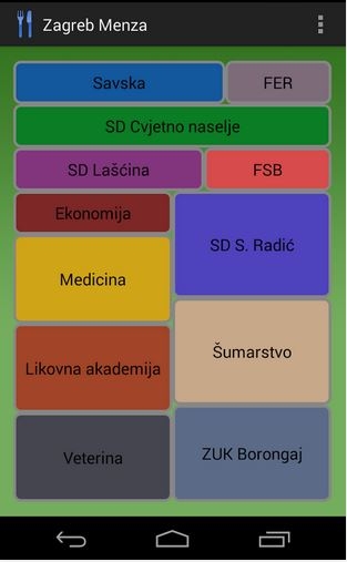 Zagreb Menza početni zaslon