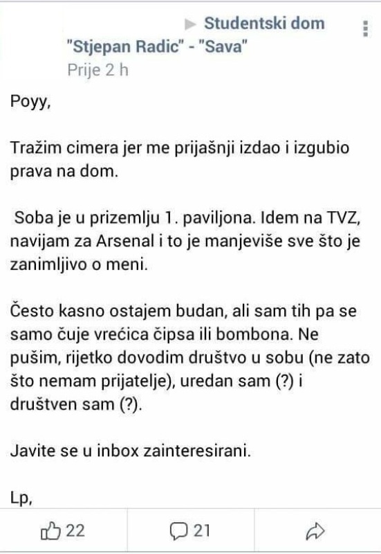 Najsmješnije objave "tražim cimera" sa domskih grupa
