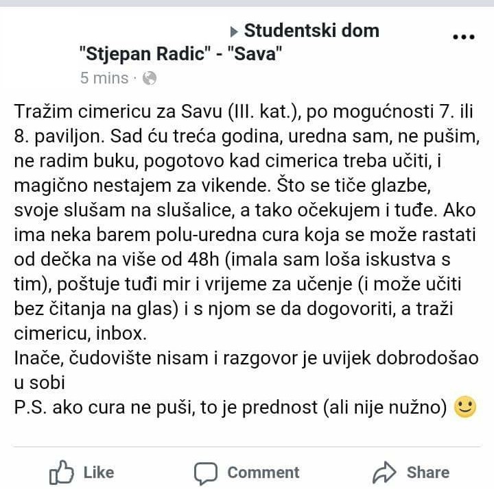 Najsmješnije objave "tražim cimera" sa domskih grupa
