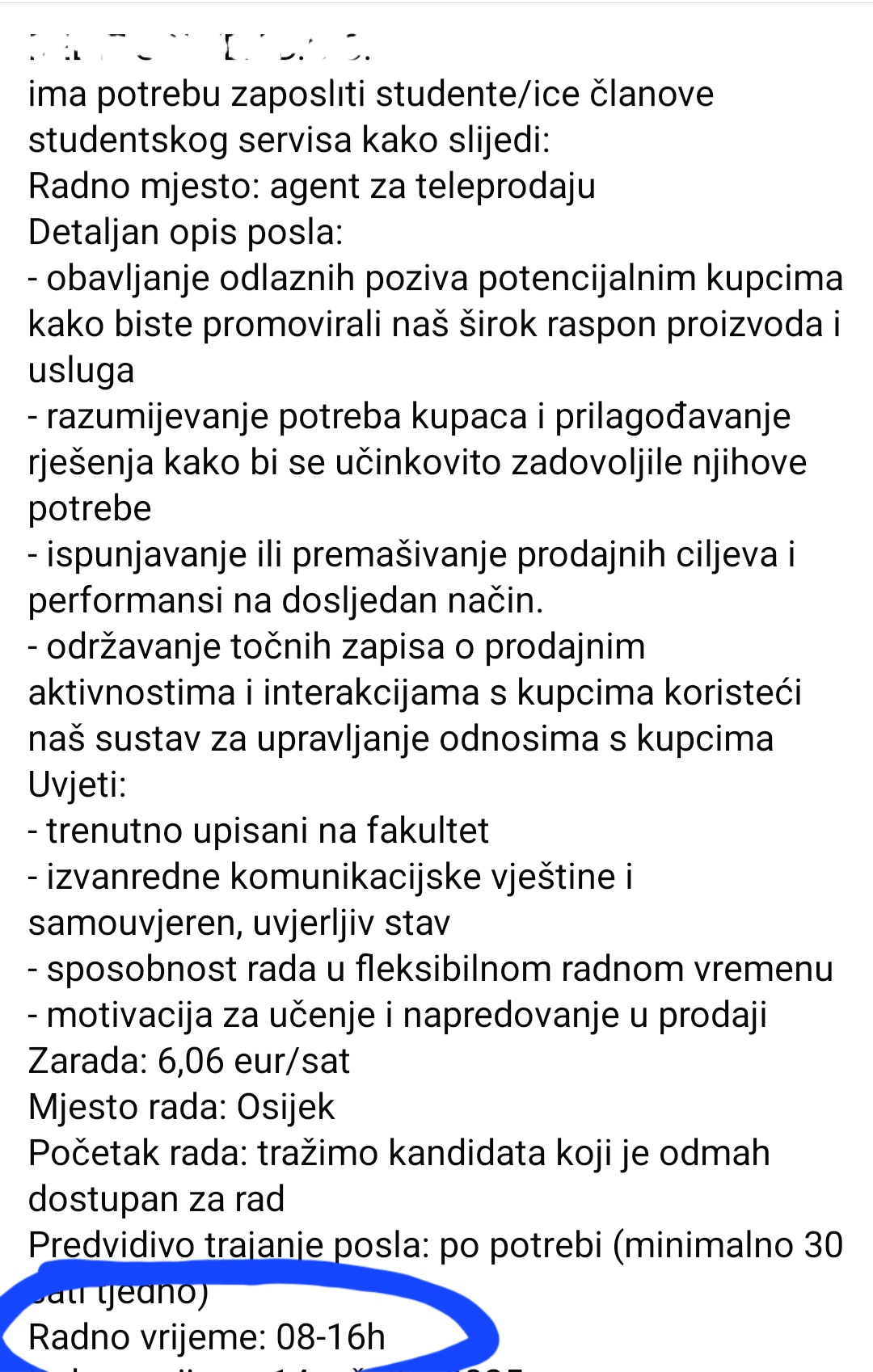 Oglas za studentski posao