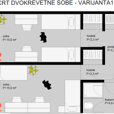 Tlocrt dvokrevetne sobe - verzija 1