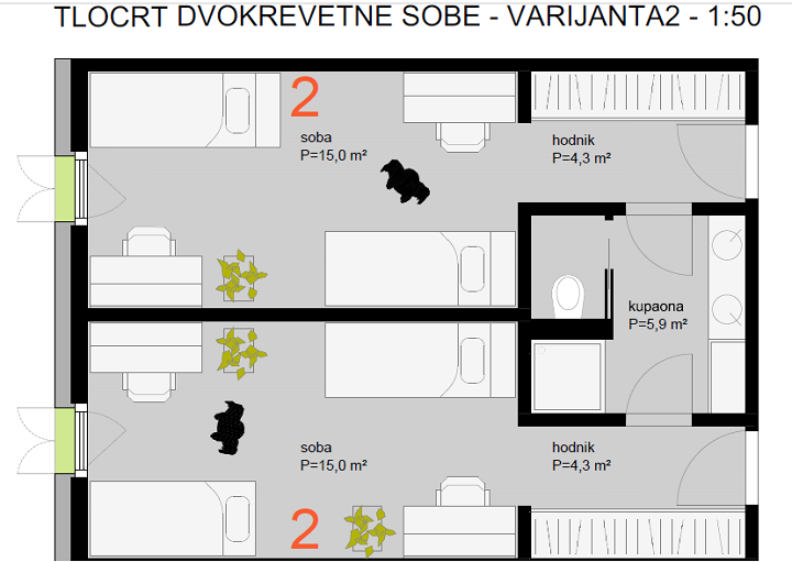 Tlocrt dvokrevetne sobe - verzija 2