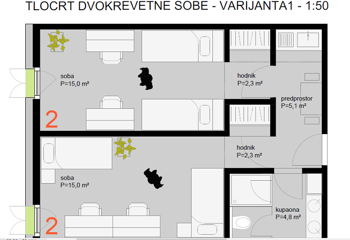 Tlocrt dvokrevetne sobe - verzija 1